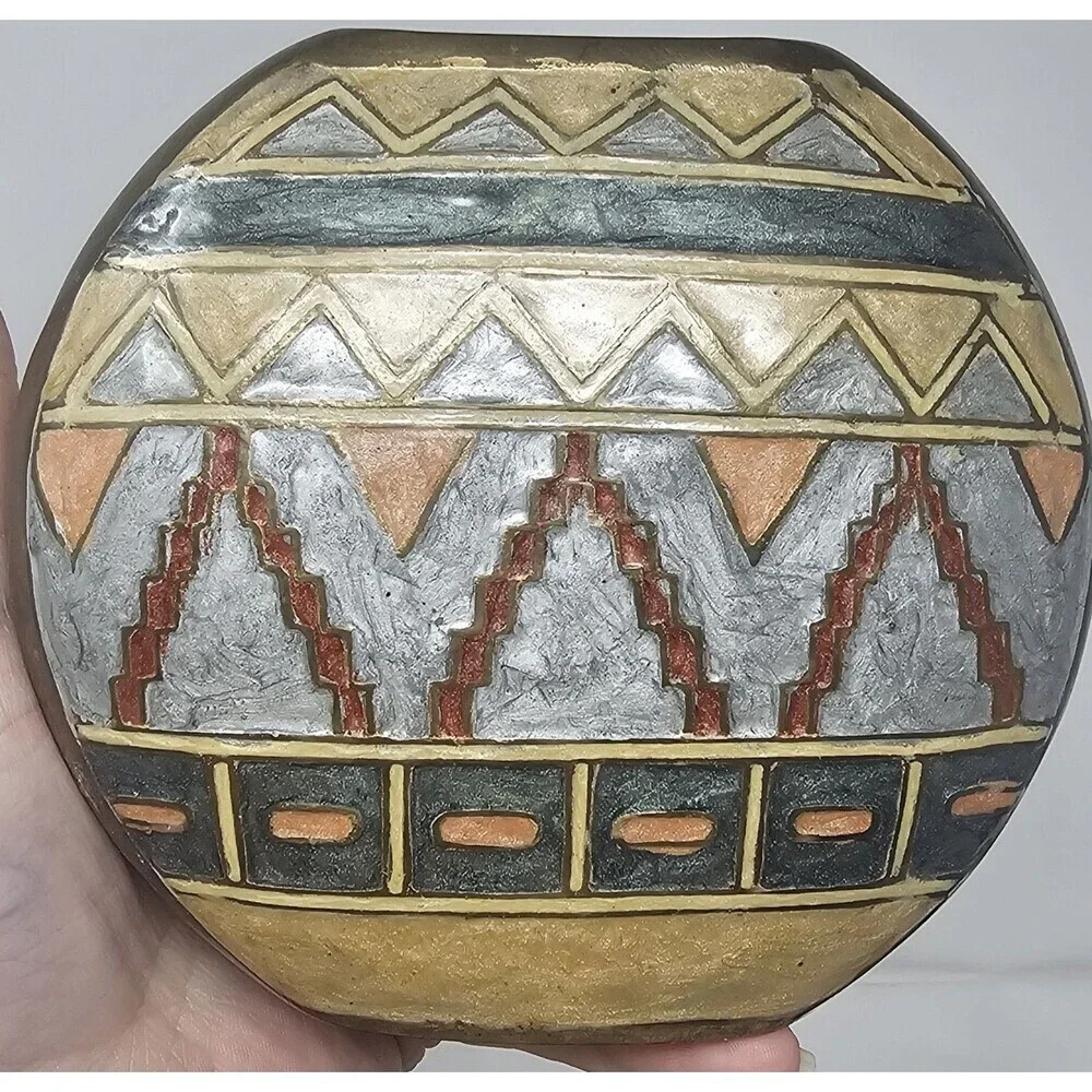 Vintage Small Geometric Enameled Painted Multicolor Brass Vase India 5